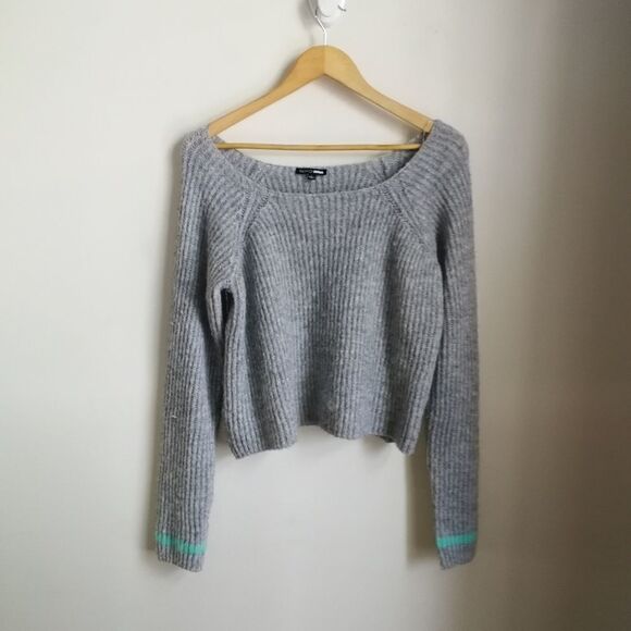 FASHION NOVA Grey & Turquoise Stripes Chunky Knit Cropped Sweater Large - Picture 2 of 13